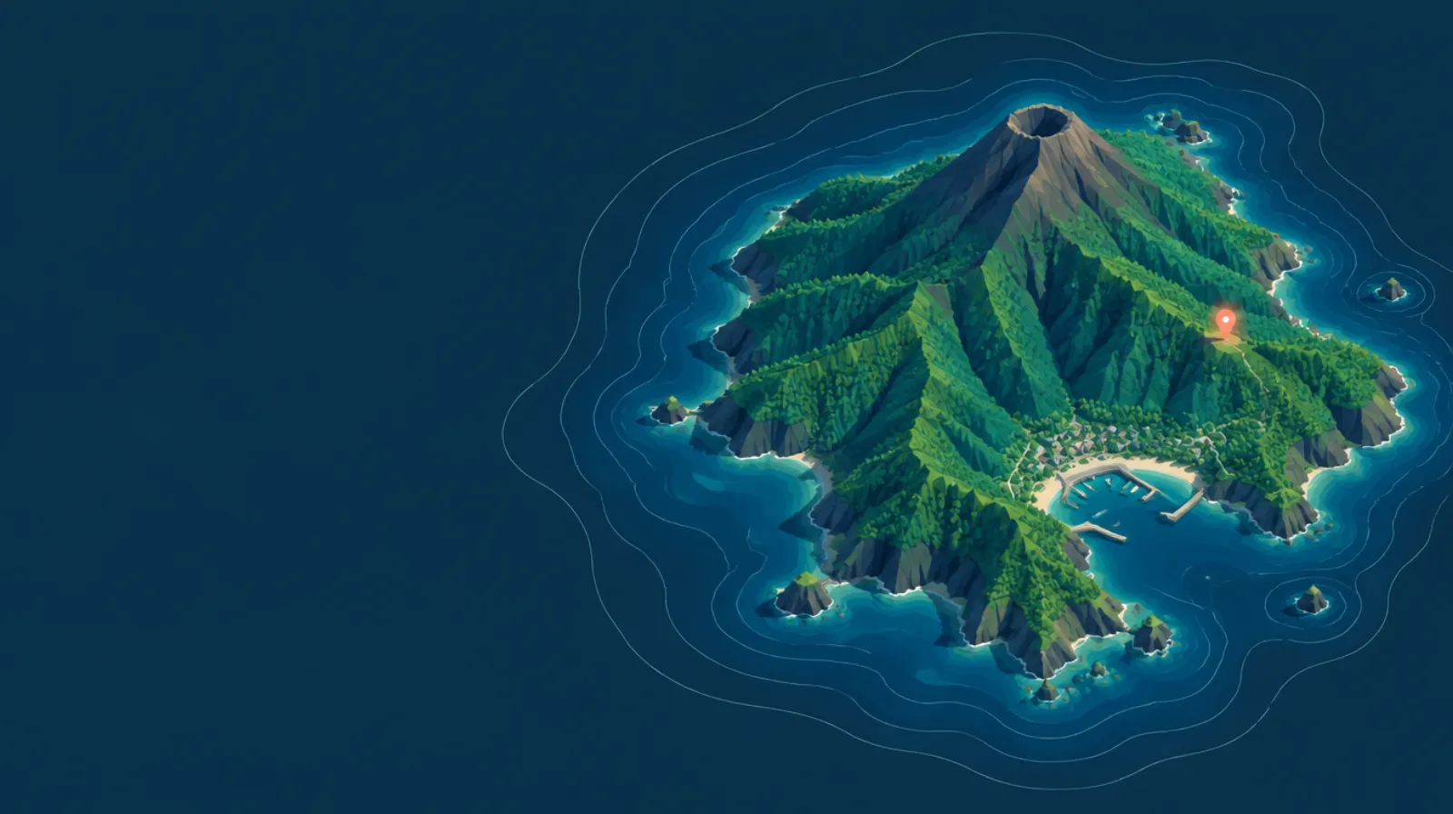 Illustrated volcanic Indian Ocean island with a small harbour