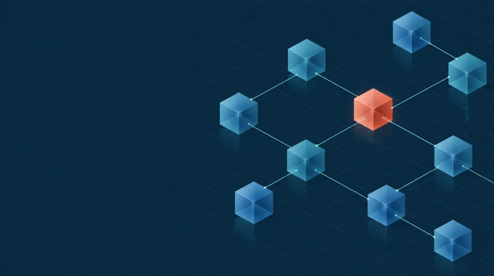 Illustrated linked ledger blocks on a dark grid