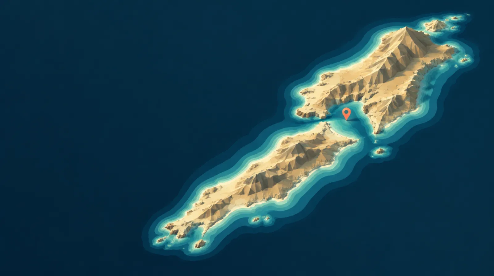Illustrated long Caribbean island with a harbour inlet