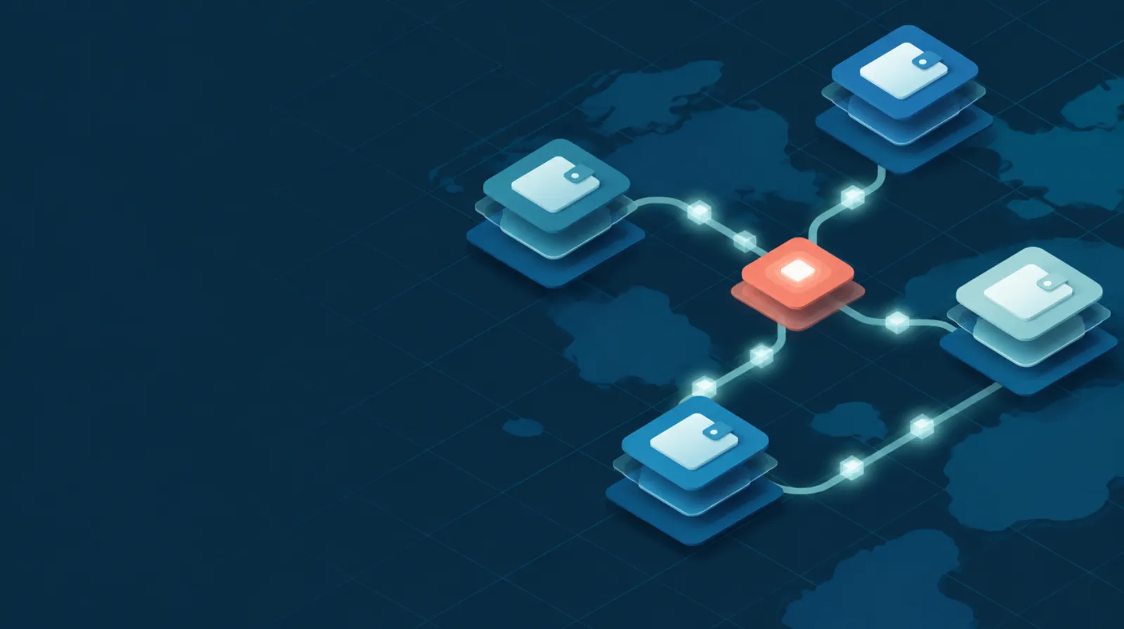 Illustrated digital wallet layers passing payments along routes