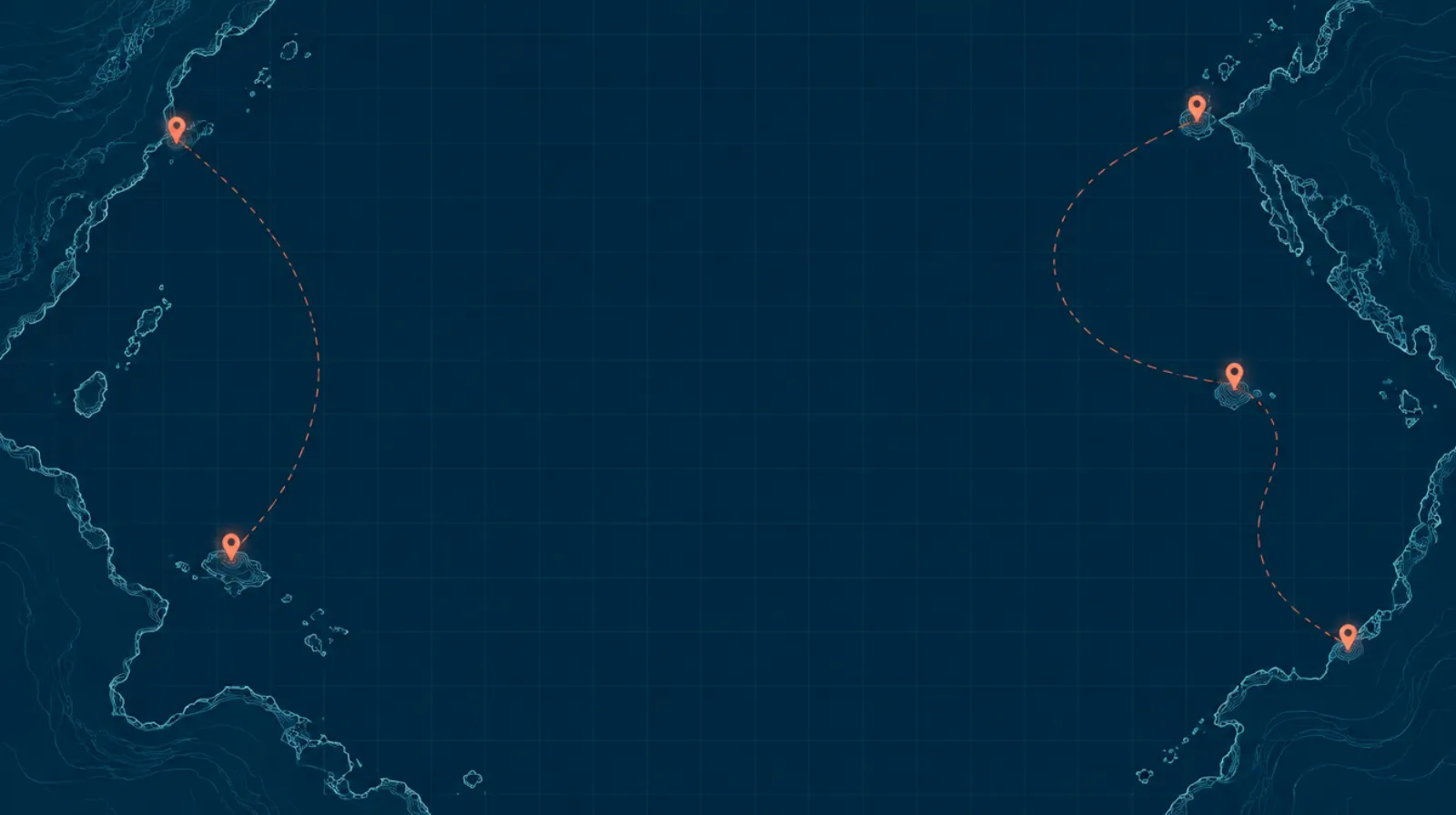 Abstract dark map with coastlines and linked location pins
