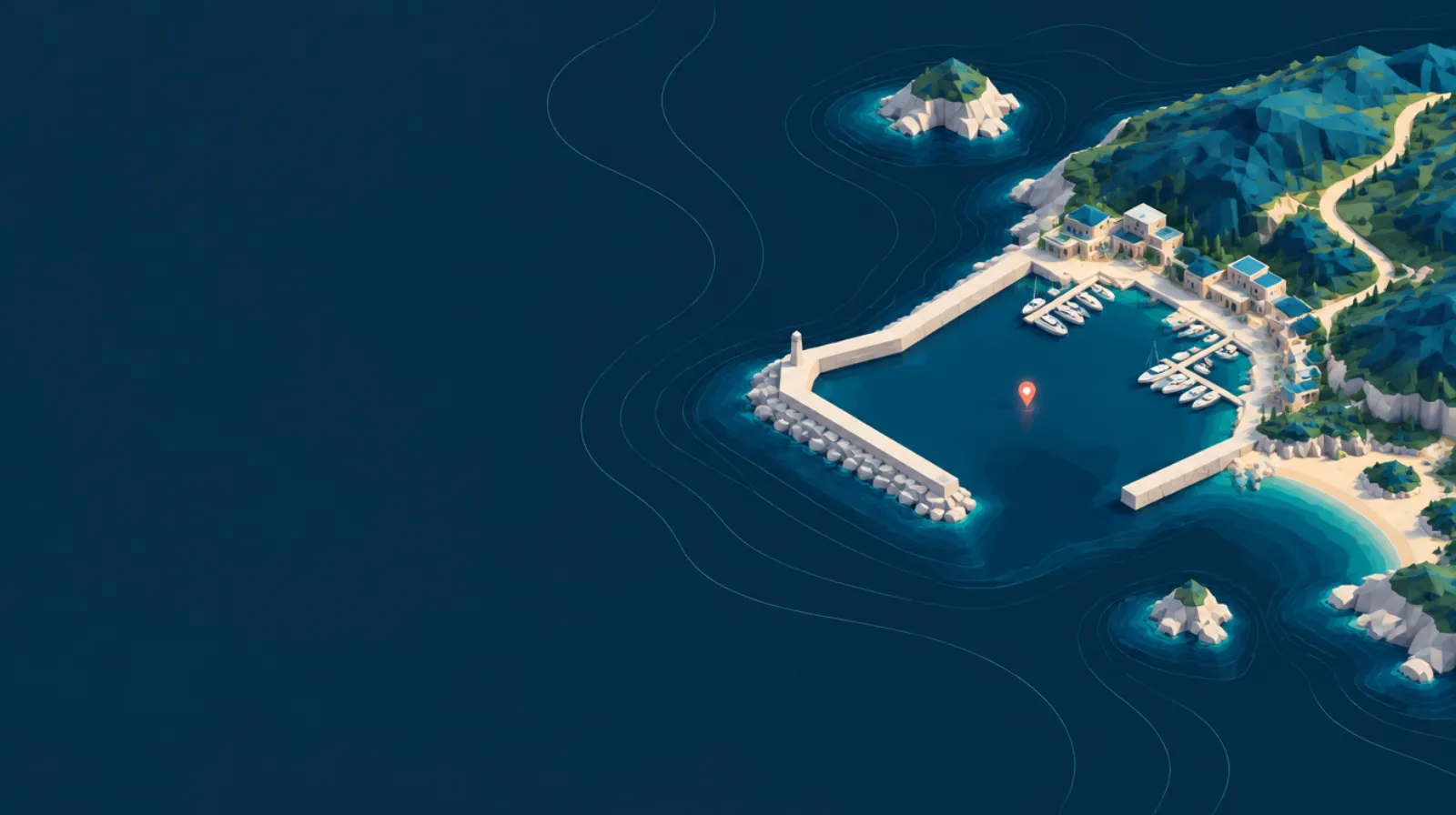 Illustrated Mediterranean harbour seen from above