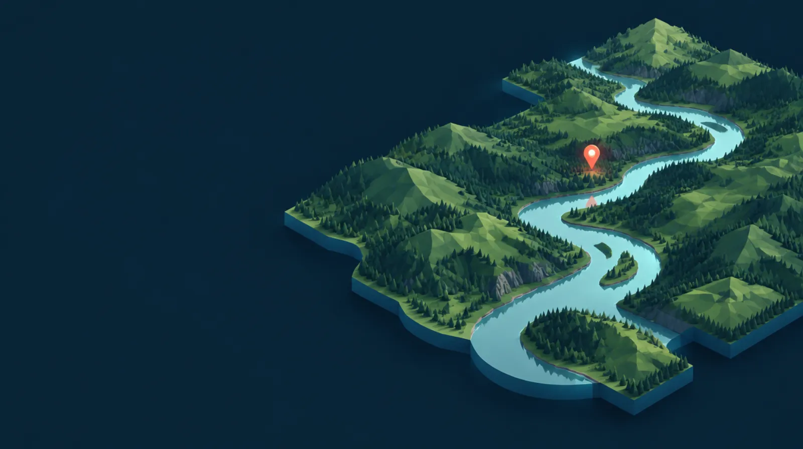 Illustrated river valley through forested hills in eastern Canada